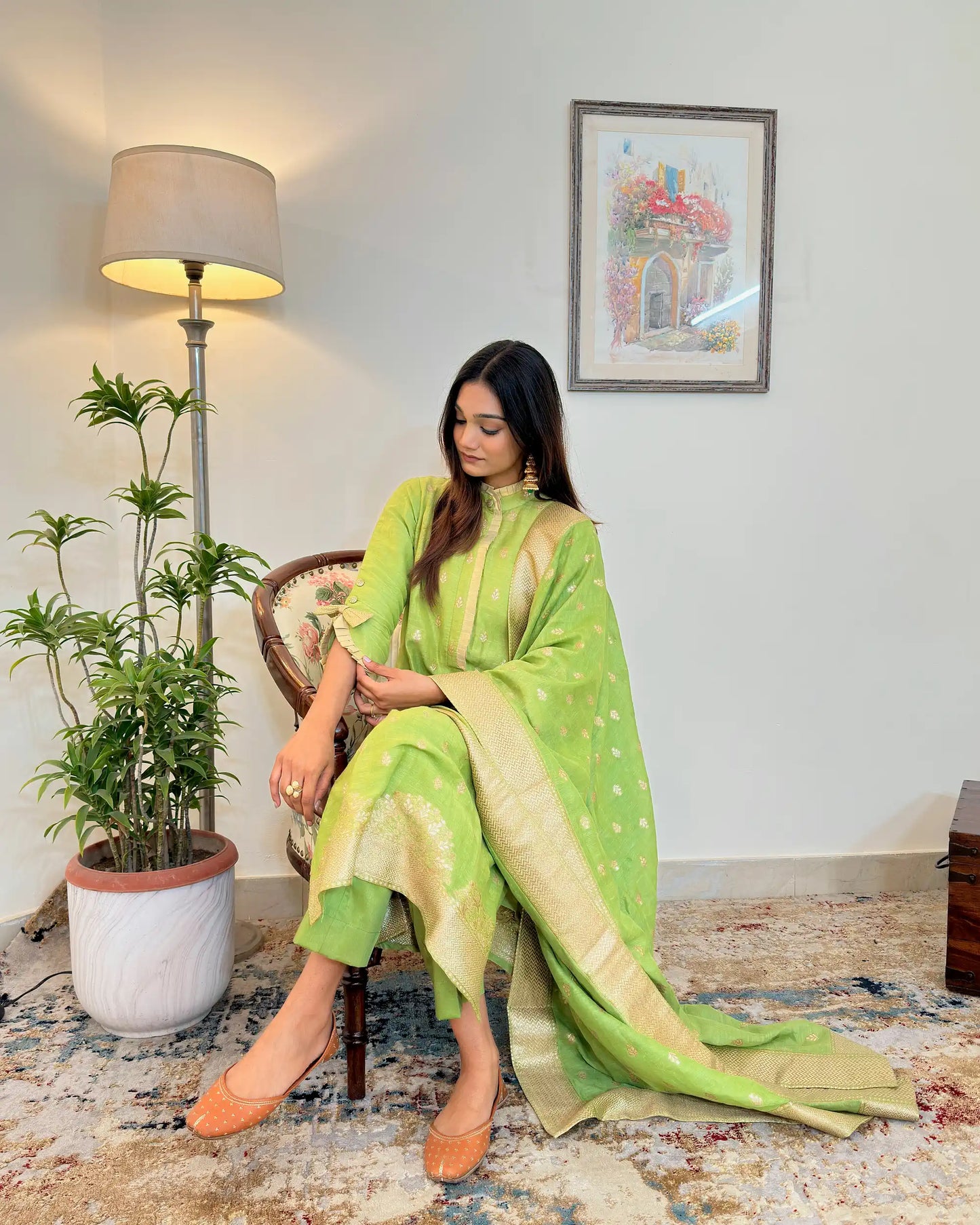 Green Zari Woven Linen Formal Wear Kurta Set