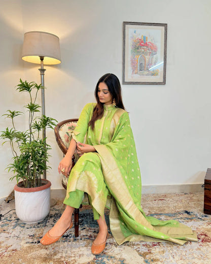 Green Zari Woven Linen Formal Wear Kurta Set