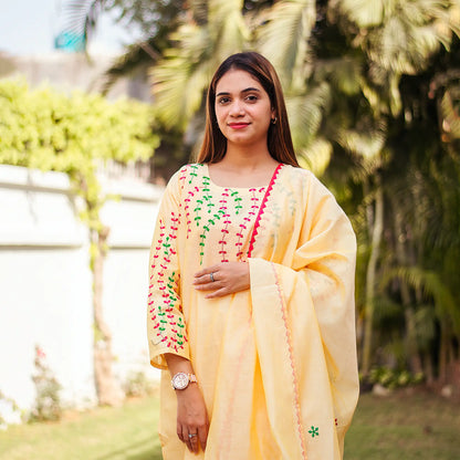 multicoloured applique work yellow chanderi kurta and dupatta with yellow trousers