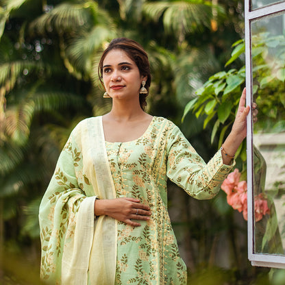 pista green printed linen kalidar applique work kurta & dupatta with green palazzo