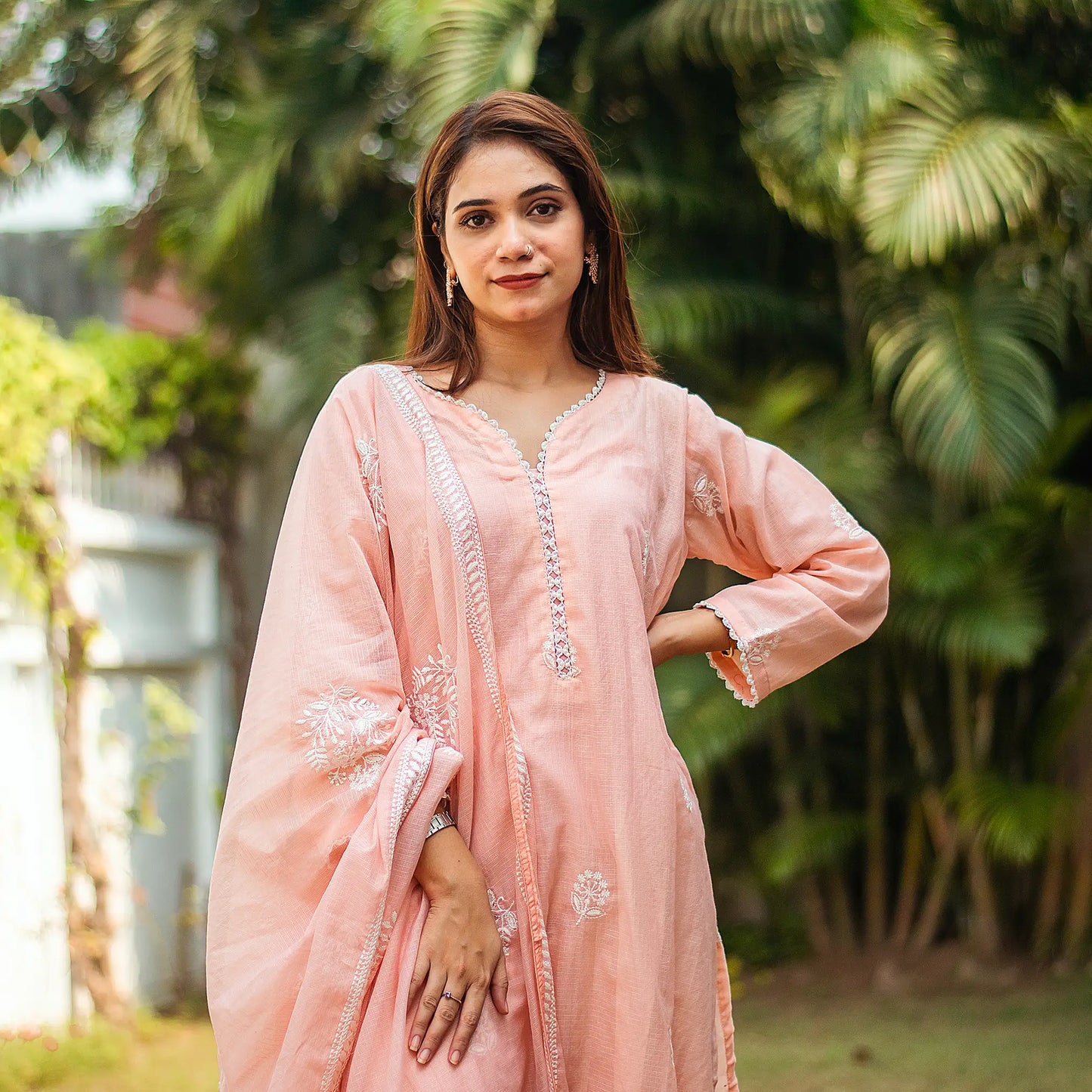 Peach resham embroidered cotton kurta and dupatta with peach trousers