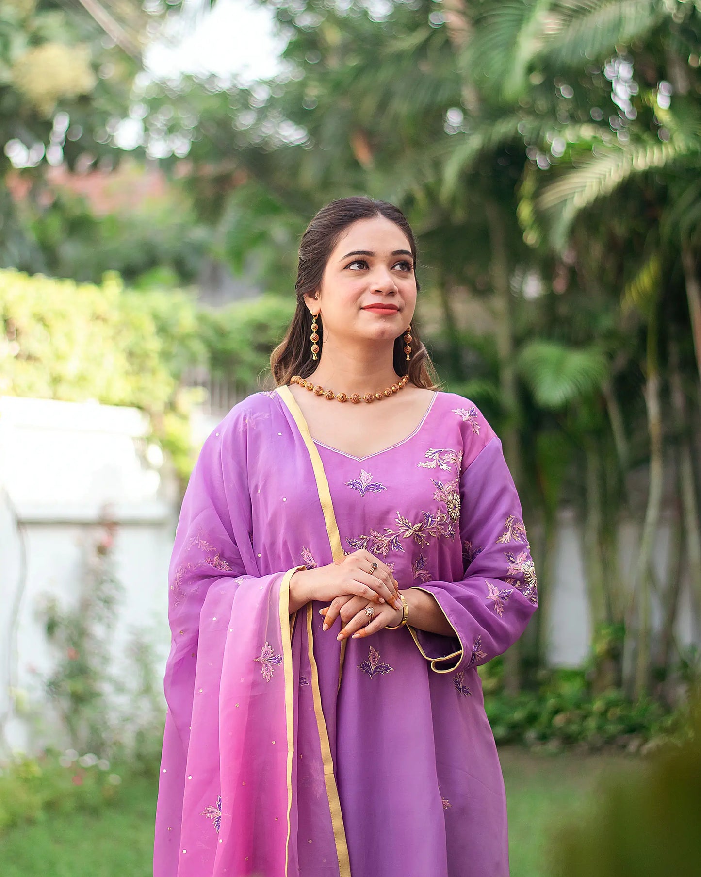 Purple ombre organza kurta, purple chiffon dupatta & golden trousers with zardozi work