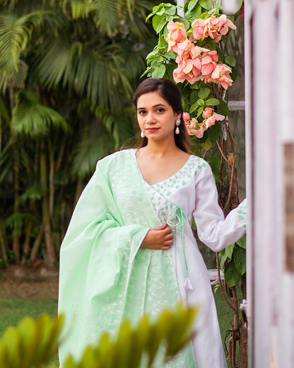 White Chanderi Green floral Applique Kurta Set