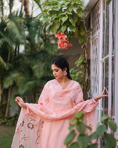 Pastel peach russian silk kurta & trousers, peach chanderi dupatta with cutwork