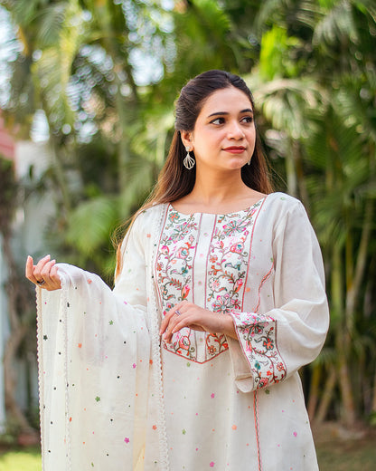 Close-up of an Indian model in an off-white kurta with Kashmiri embroidery, paired with a matching embroidered dupatta.