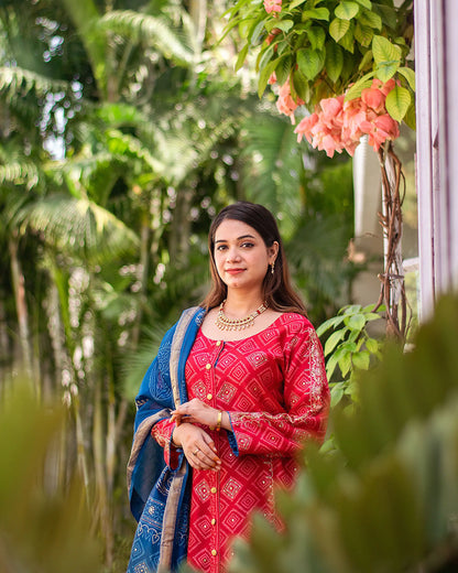 Red maheshwari kurta, blue maheshwari dupatta & blue palazzo with zardozi work