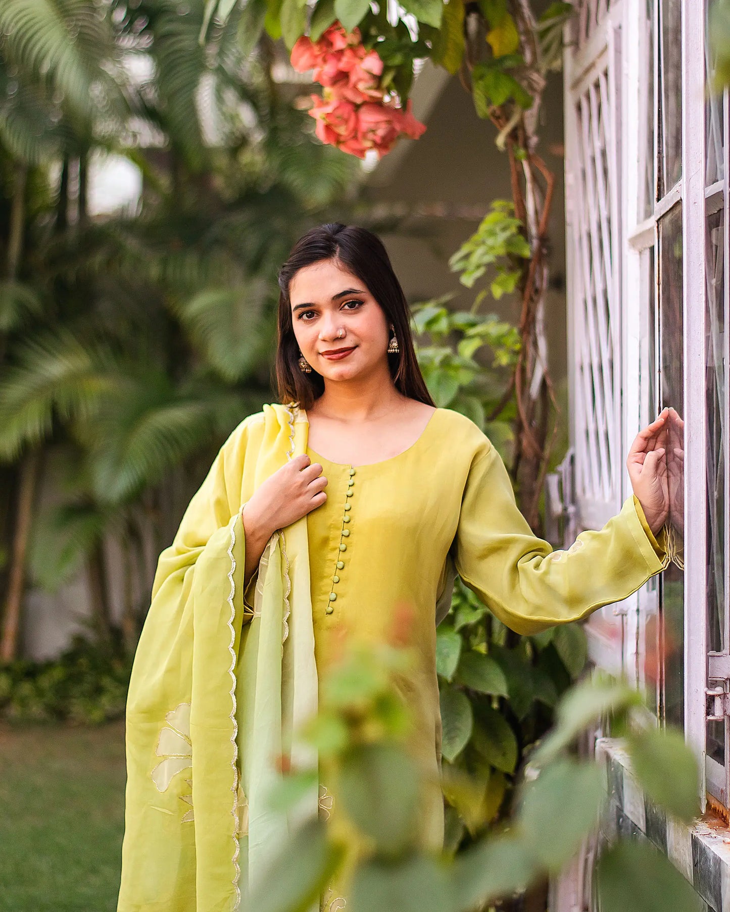 Green ombre organza kurta & dupatta with cutwork & golden trousers