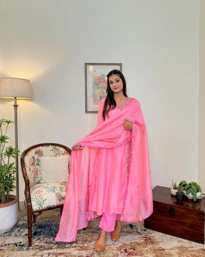 Pink Chanderi Resham Embroidered Angarkha Formal Wear Suit