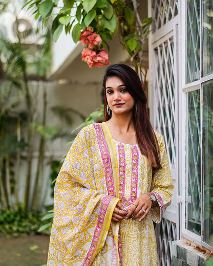 Pastel yellow printed linen kurta, dupatta & white trousers with applique work