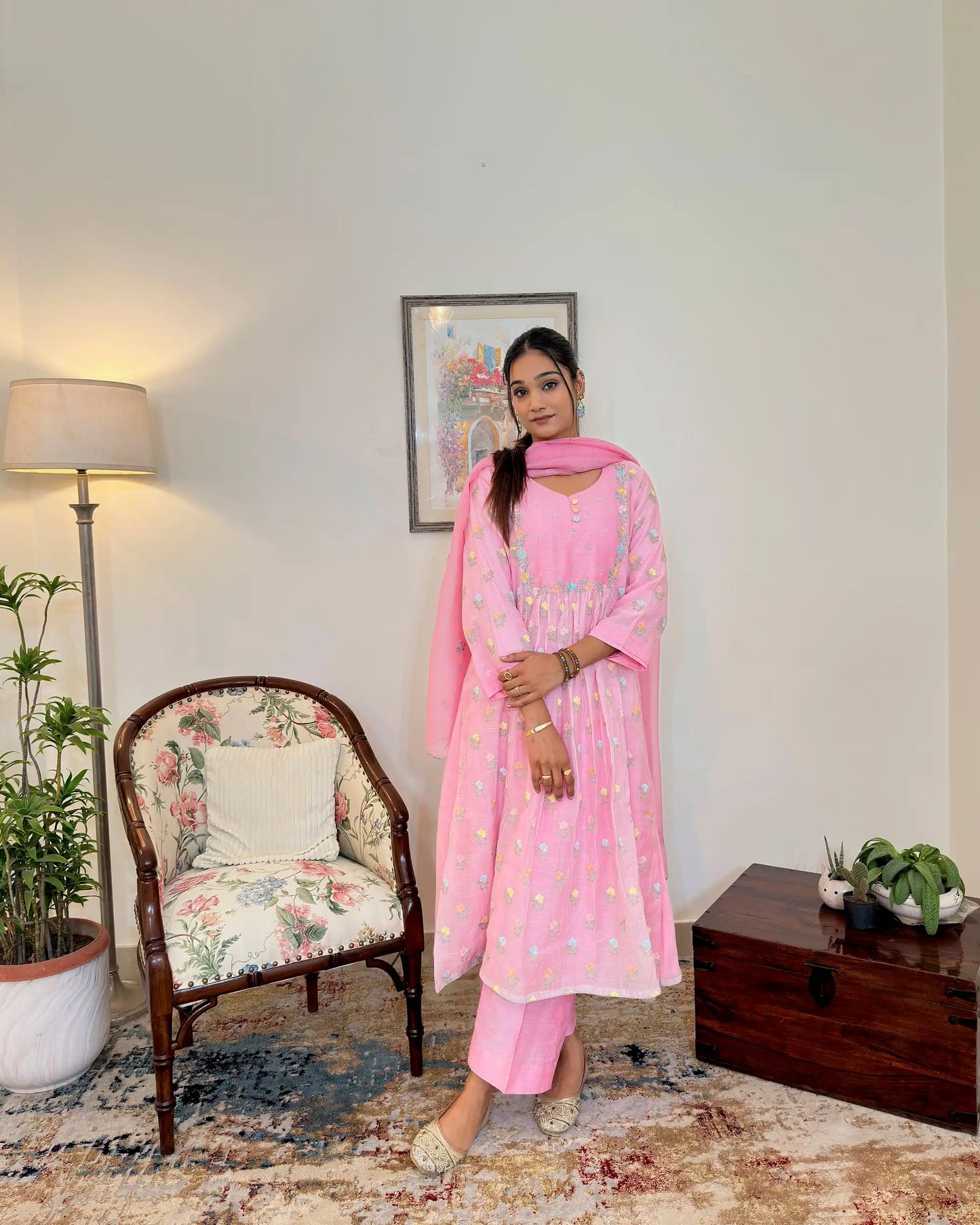 Pink Chanderi Formal Wear Kurta Set with Floral Embroidery
