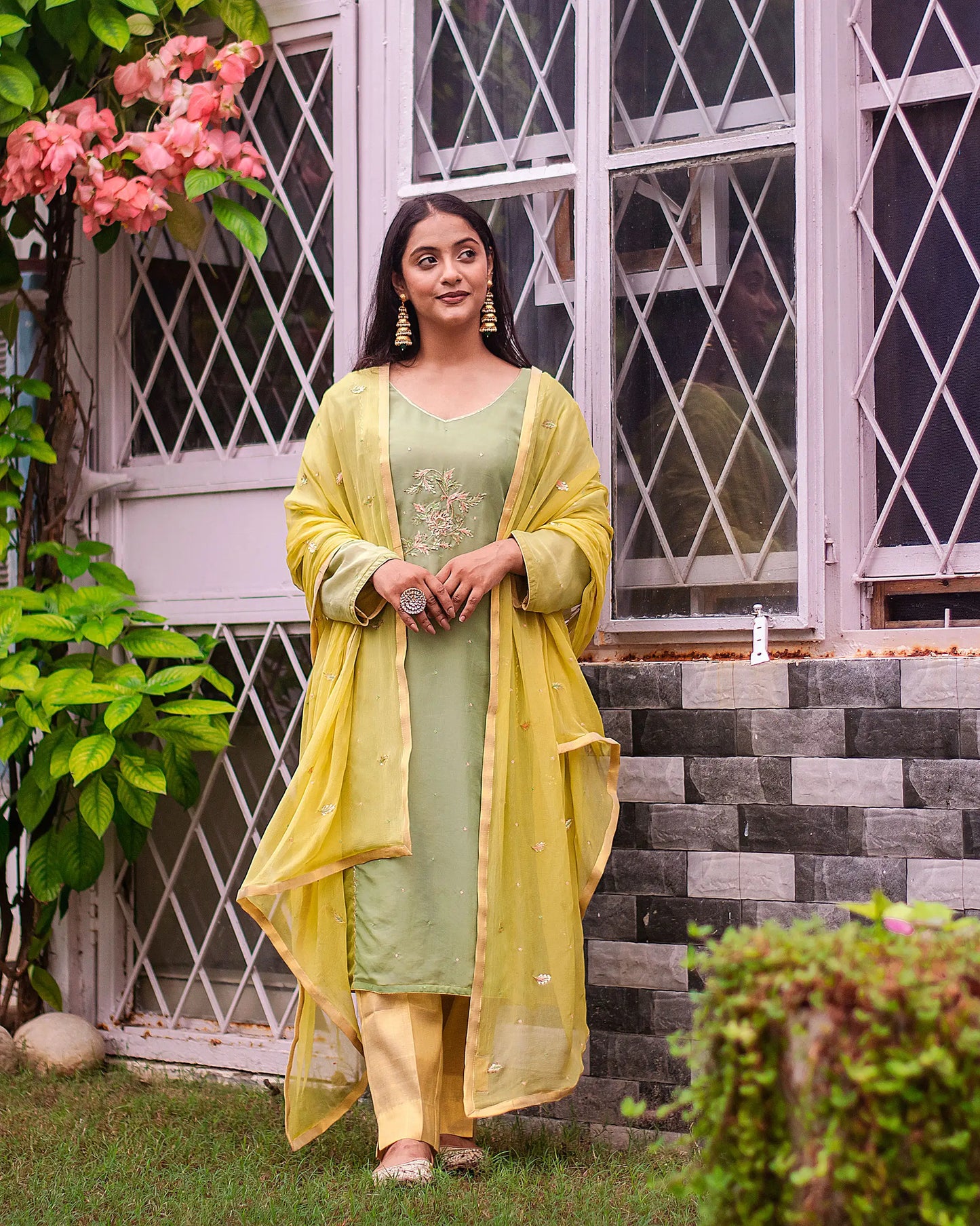 Green ombre organza kurta, green chiffon dupatta & golden trousers with zardozi work