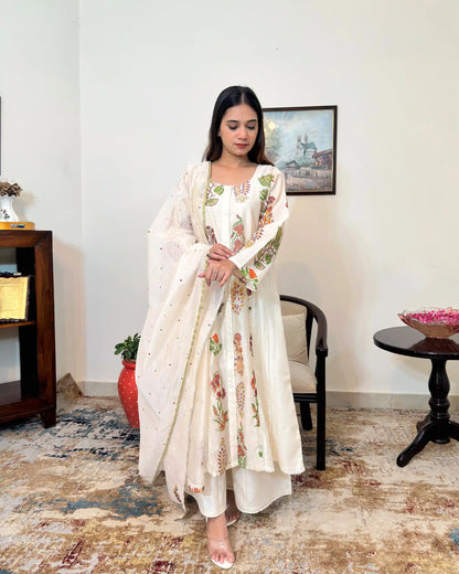 Off-white chanderi A-line kurta and dupatta with multicolour floral hand embroidery and off-white palazzo