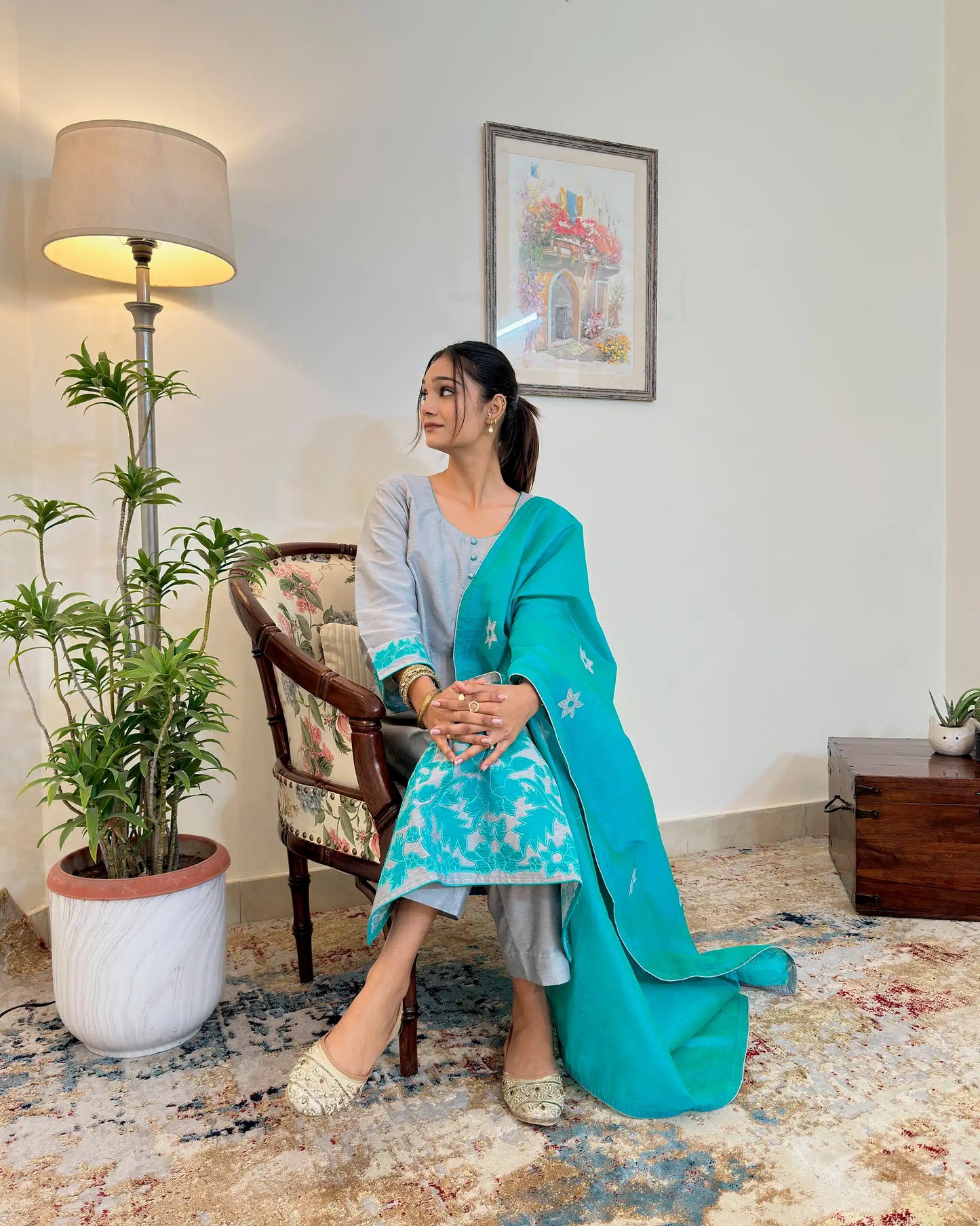 Grey Staple Tussar Patchwork Kurta Set Formal Wear with Green Dupatta