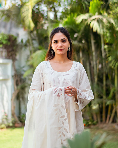 Close-up of an Indian model in an off-white kurta with floral embroidery, paired with a matching dupatta.