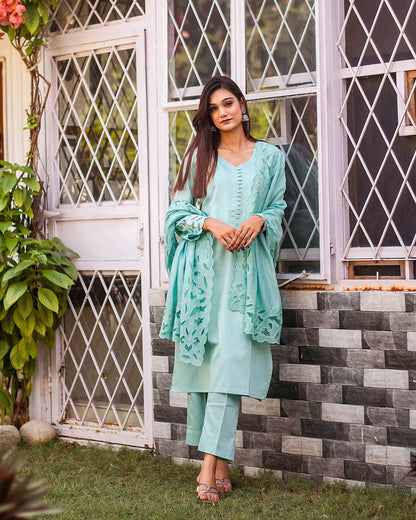 Pastel blue russian silk kurta & trousers, blue chanderi dupatta with cutwork