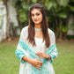 Upper half of the ensemble of the off-white Chanderi suit, including the Chanderi kurta, dupatta, and cotton silk trousers, as worn by the model