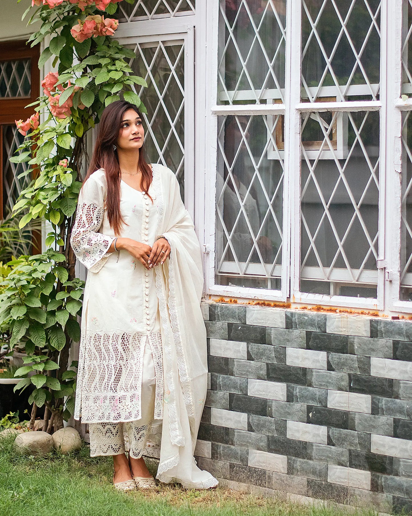 off-white cotton schiffli front-open kurti, dupatta with embroidery and off-white trousers