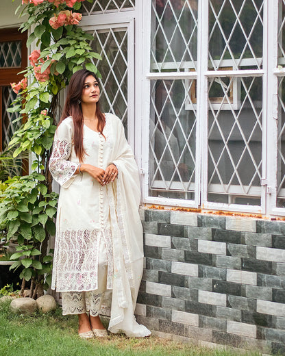off-white cotton schiffli front-open kurti, dupatta with embroidery and off-white trousers