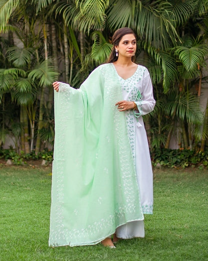 White Chanderi Green floral Applique Kurta Set