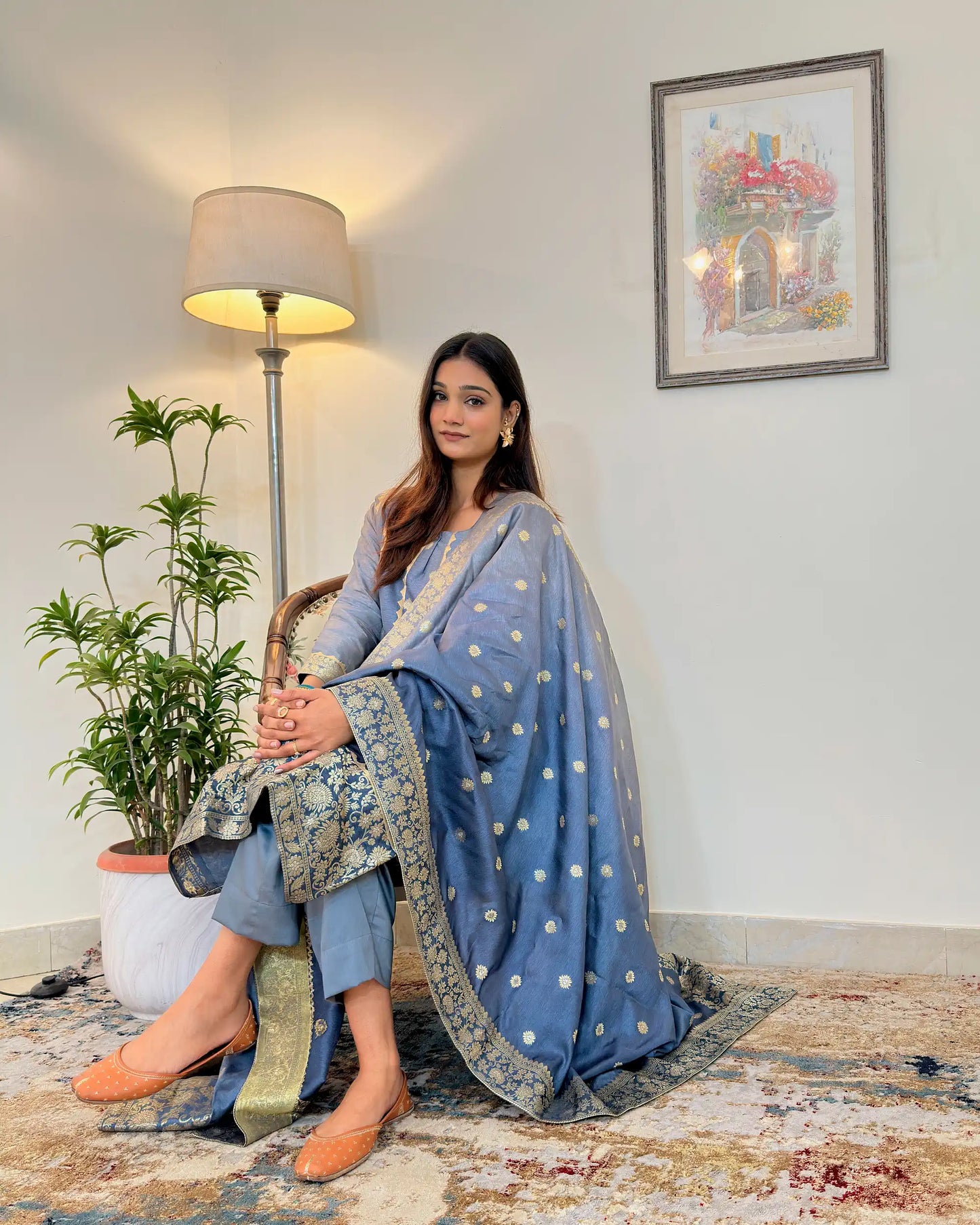 Grey Banarasi Silk Party Wear Kurta Set with applique work