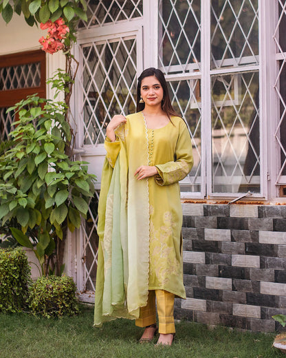 Green ombre organza kurta & dupatta with cutwork & golden trousers