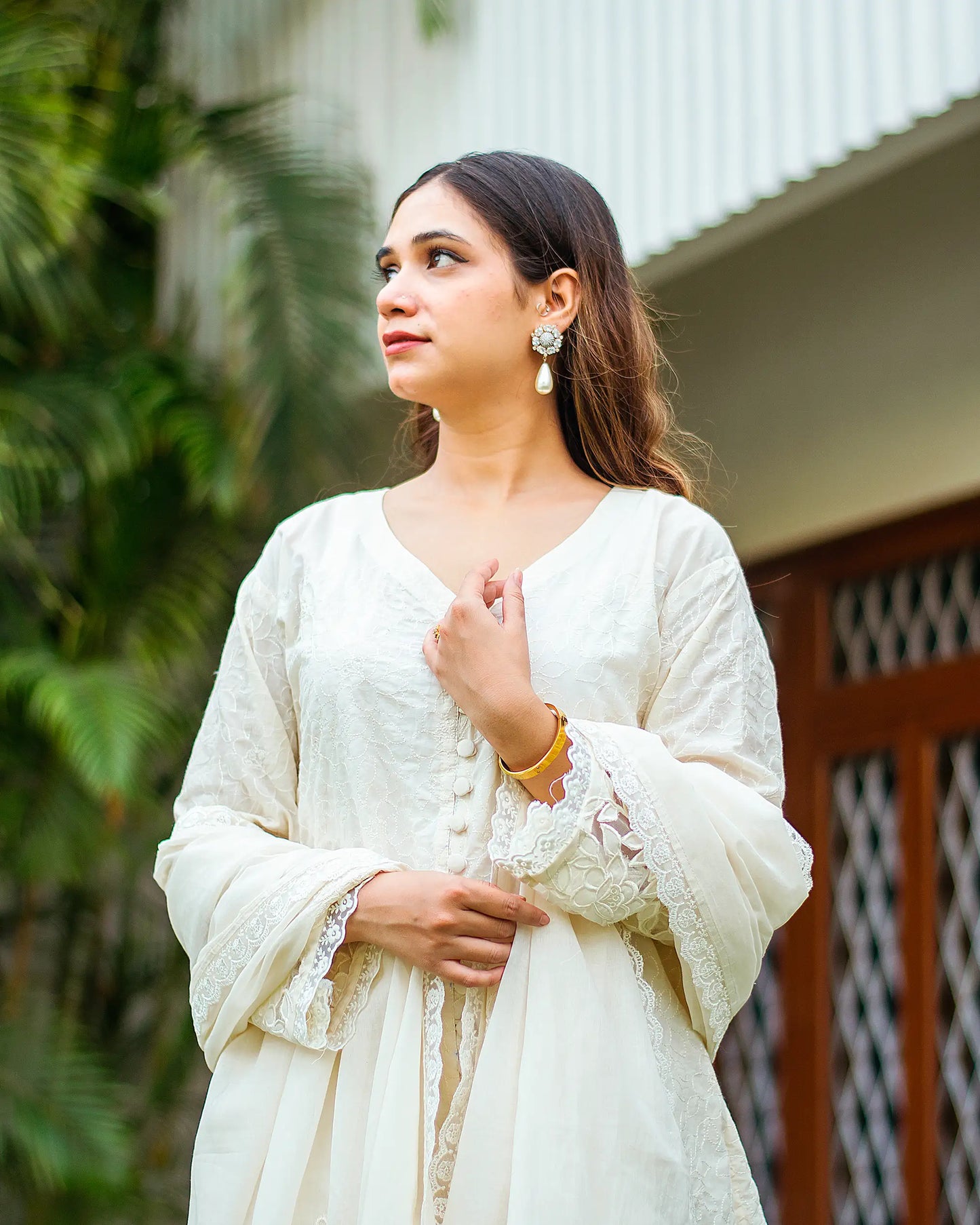 White cotton cutwork kurta with dupatta with white trousers