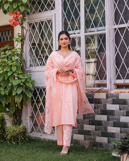 Pastel peach russian silk kurta & trousers, peach chanderi dupatta with cutwork