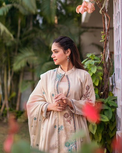 Beige angrakha kurta, palazzo and tissue dupatta with hand embroidery