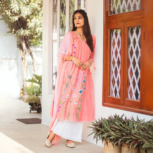 Complete ensemble of the pink kurta set, including the pink embroidered chanderi angrakha, green white and pink chiffon dupatta, as worn by the model.
