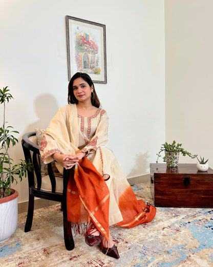 Golden Chanderi Formal Wear Kurta Set with Resham Embroidery