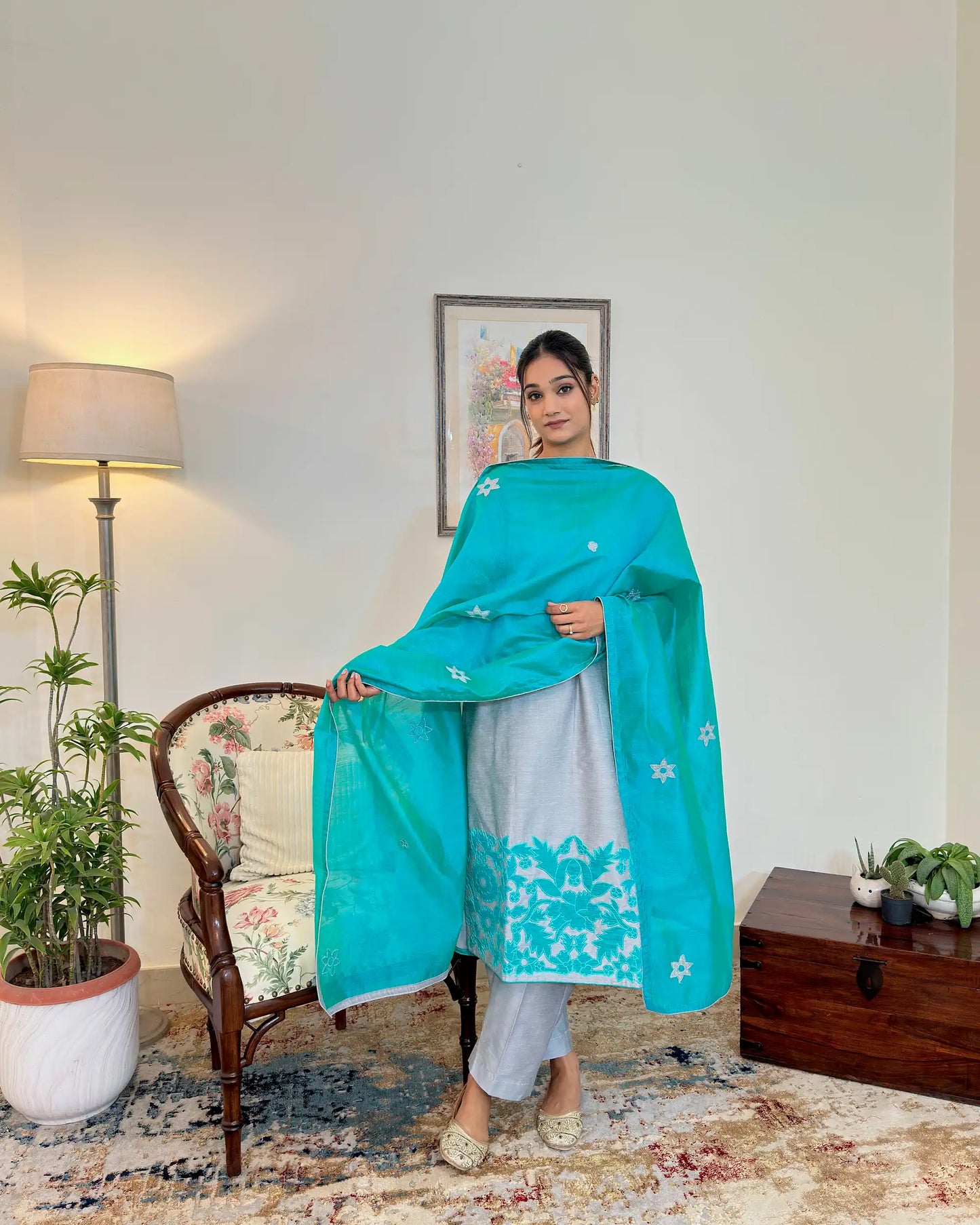 Grey Staple Tussar Patchwork Kurta Set Formal Wear with Green Dupatta