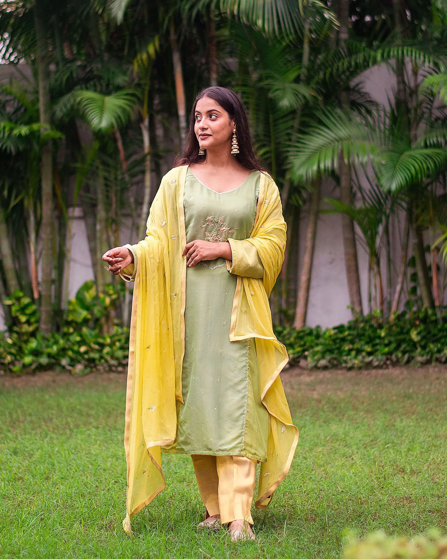 Green ombre organza kurta, green chiffon dupatta & golden trousers with zardozi work