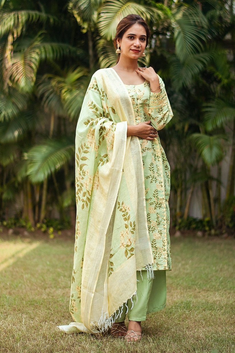 pista green printed linen kalidar applique work kurta & dupatta with green palazzo