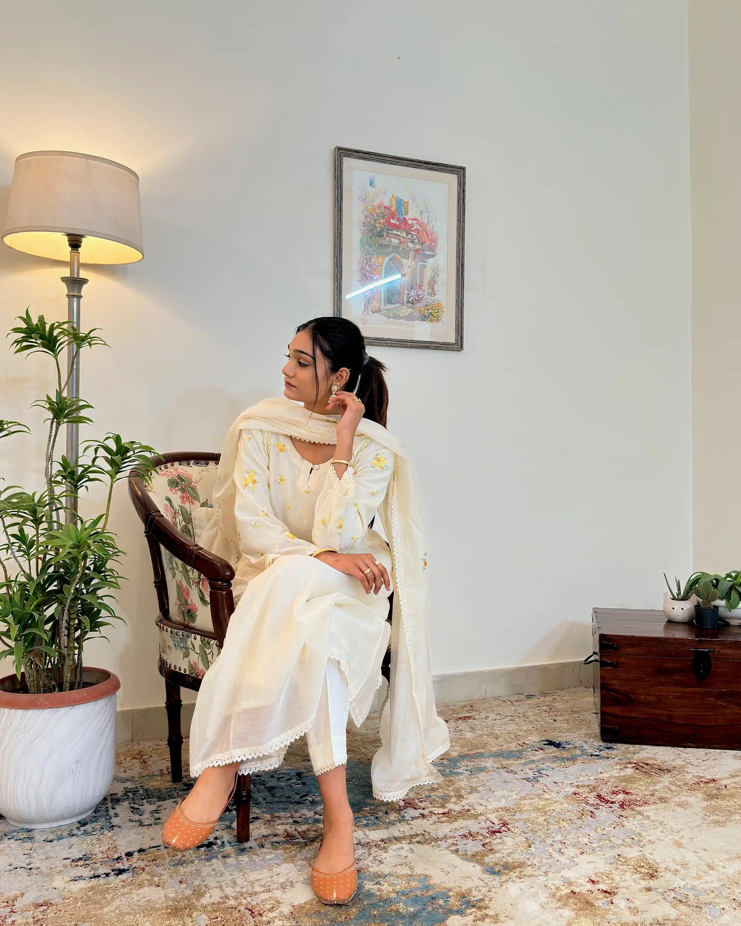 Off White Chanderi Formal wear  Kurta Set with Handworked Floral Motifs