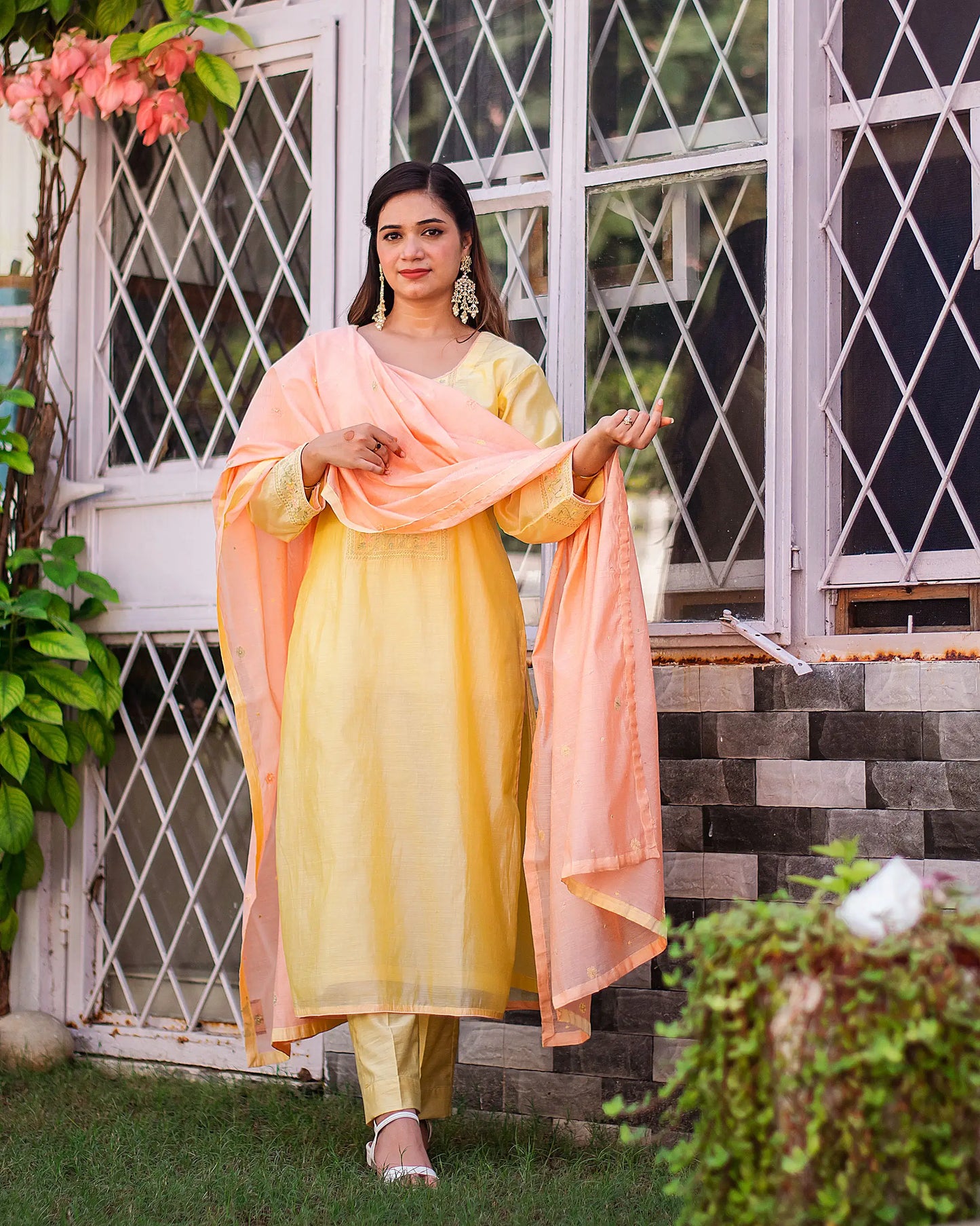 Yellow-peach chanderi kurta set with hand embroidery