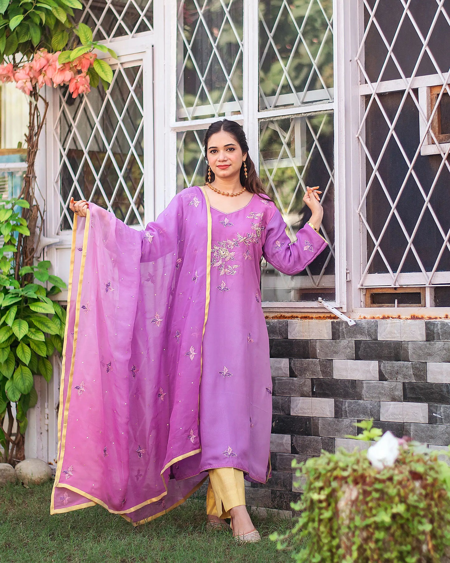 Purple ombre organza kurta, purple chiffon dupatta & golden trousers with zardozi work