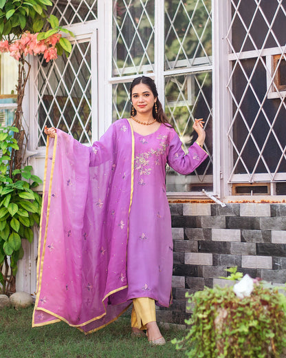 Purple ombre organza kurta, purple chiffon dupatta & golden trousers with zardozi work