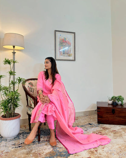 Pink Chanderi Resham Embroidered Angarkha Formal Wear Suit