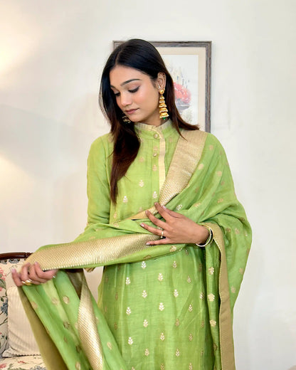 Green Zari Woven Linen Formal Wear Kurta Set