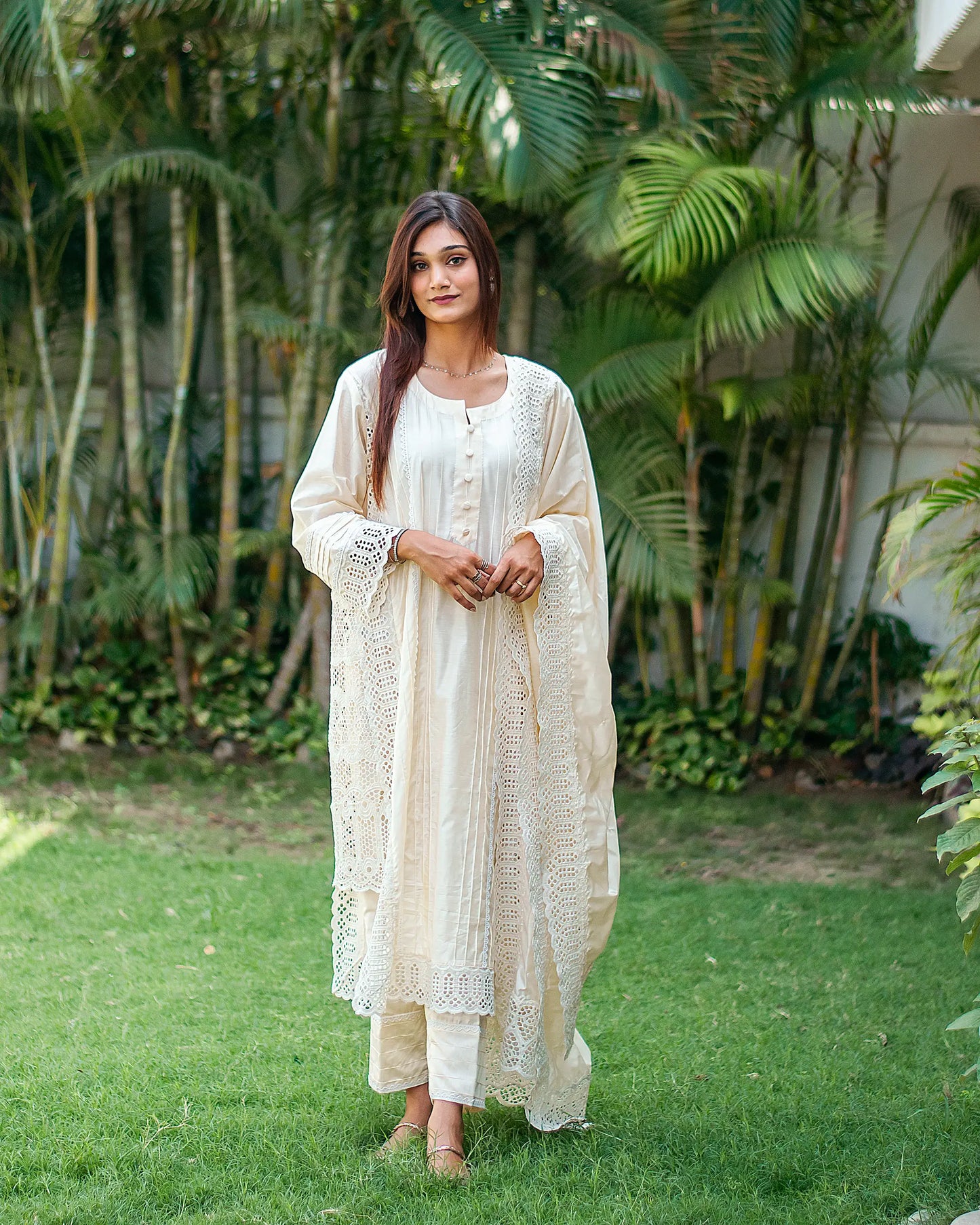 Off white cotton silk pintuck kurta, trousers and dupatta with schiffli work