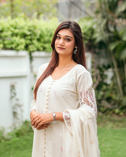 off-white cotton schiffli front-open kurti, dupatta with embroidery and off-white trousers