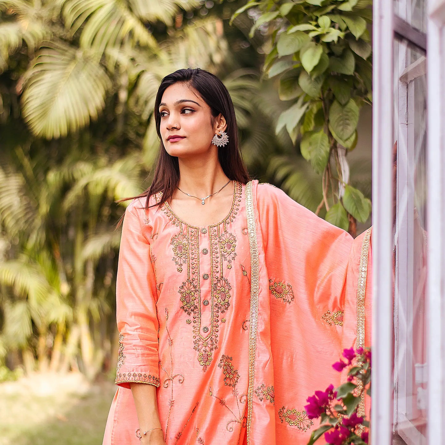 Peach chanderi zardozi work kurta and dupatta with peach palazzo