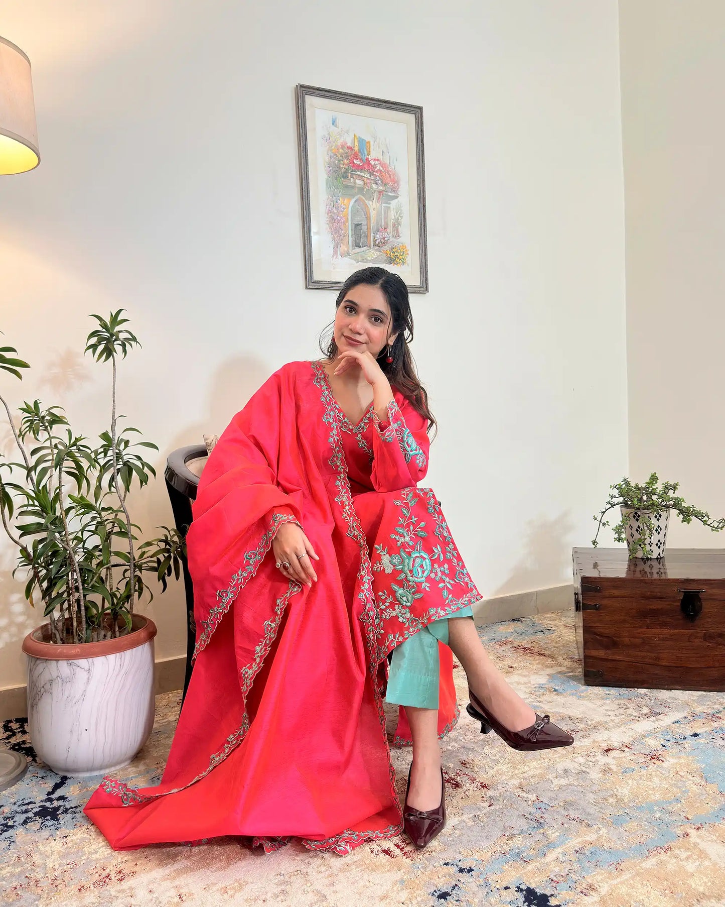 Red Chanderi Formal Wear Kurta Set with Resham Embroidery