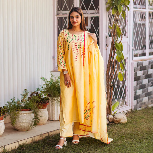 multicoloured applique work yellow chanderi kurta and dupatta with yellow trousers