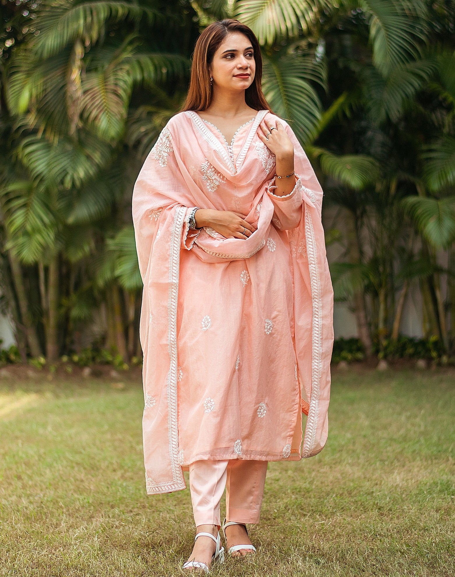 Buy Online - Aarani Light Peach Cotton Silk Straight Kurti