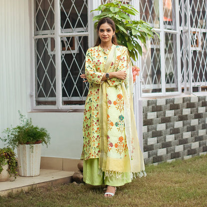 Tea green printed linen kalidar kurta with applique work, green linen dupatta and green palazzo