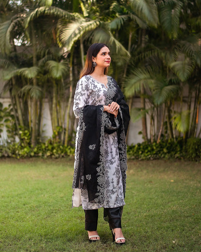 Embroidered white supernet kurta & black supernet dupatta with black trousers