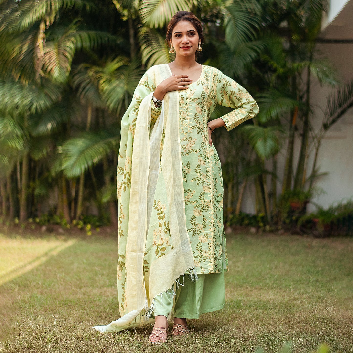 pista green printed linen kalidar applique work kurta & dupatta with green palazzo