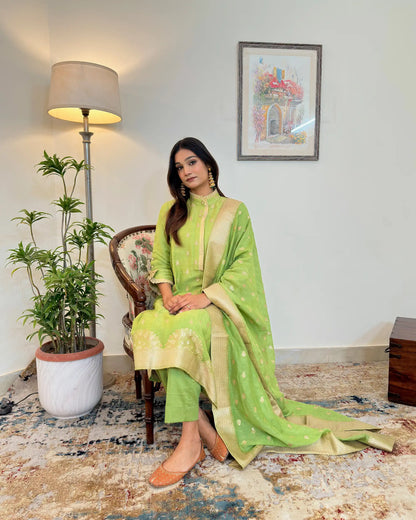 Green Zari Woven Linen Formal Wear Kurta Set