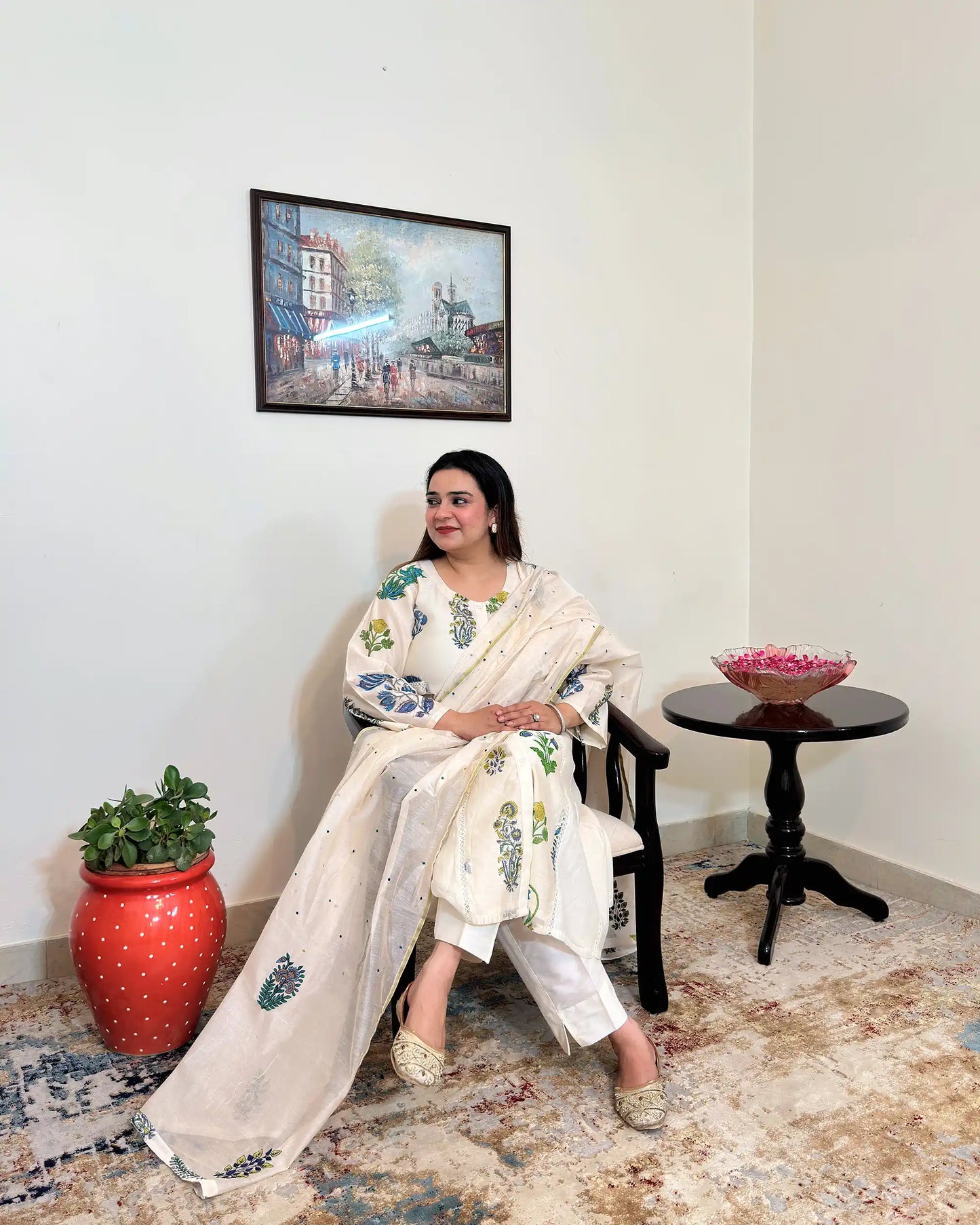 Off-white chanderi A-line kurta and dupatta with blue-green floral hand embroidery and off-white trousers
